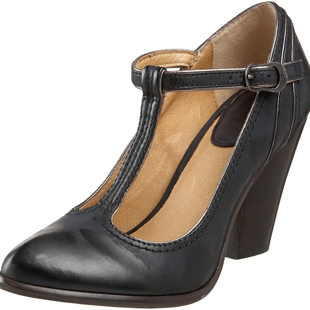 Frye Betty 9.5 Black Leather T-Strap Pumps